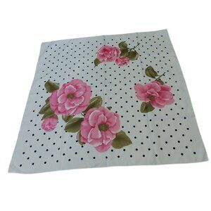 Square Scarf Women Neckerchief Wrap dot black white with Pink Roses Flowers 30"
